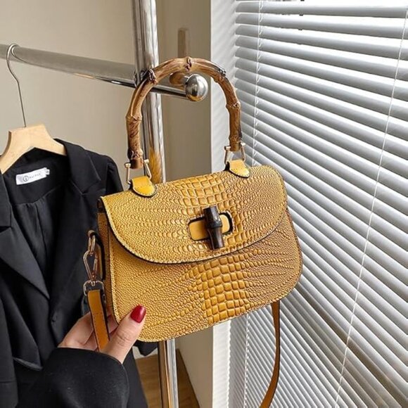 Neiman Marcus Bamboo Handle Black Crocodile Print Top Handle Bag - Picture 3 of 5